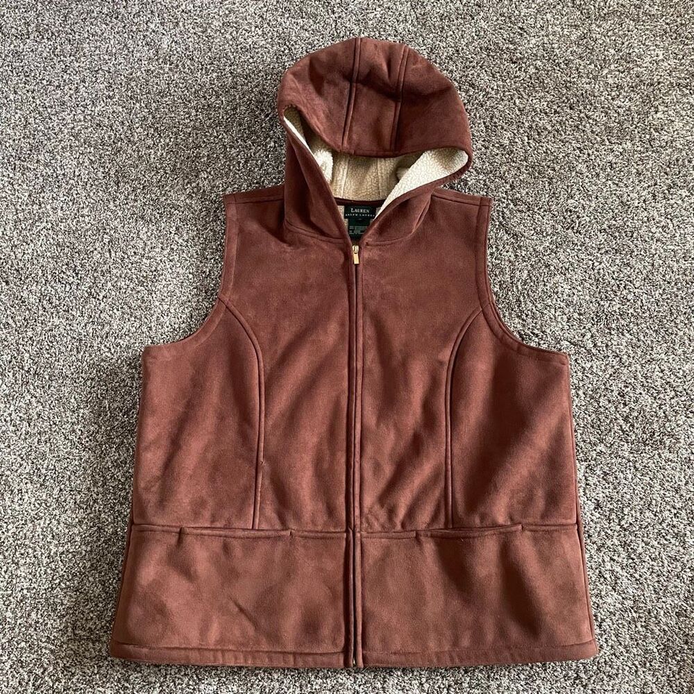 Lauren Ralph Lauren women's size 1X brown faux suede hooded vest sherpa lining